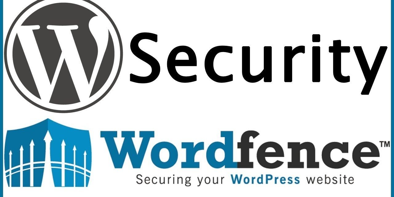 Logo of WordPress with the word "Security" above it, and Wordfence logo below, promoting website security for WordPress users.